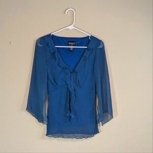 Blue Ruffle V Neck Career 3/4 Sleeve Blouse Top